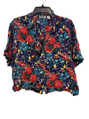 Chicos Design Multicolor Floral Print Button-Up Short Sleeve Rayon Shirt Size 2